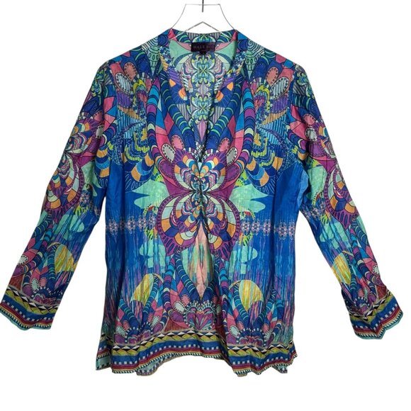 Hale Bob Keiko Boho Tunic Top Blouse Size Large Silk Cotton Multicolor Kaftan - Picture 1 of 8